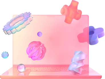 3d glassy laptop with floating gradient objects in pastel dreamscape